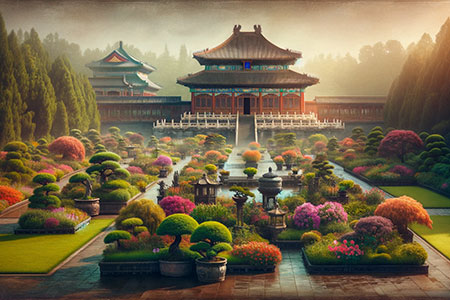 Depicts an ancient Chinese garden with a grand imperial palace, setting the stage for the story.