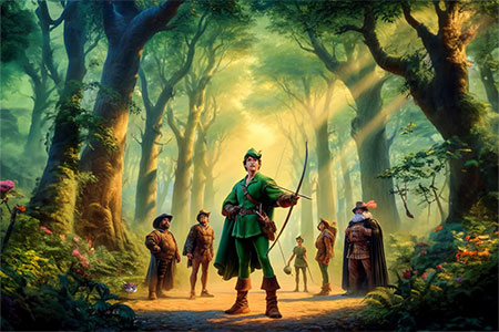 Robin Hood and his Merry Men in the picturesque Sherwood Forest, ready to embark on their legendary adventures.
