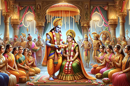 Rama and Sita in a grand wedding ceremony. Rama is placing a garland on Sita, surrounded by joyous onlookers and vibrant decorations typical of an Indian royal wedding. The scene should capture the cultural richness and celebratory atmosphere.