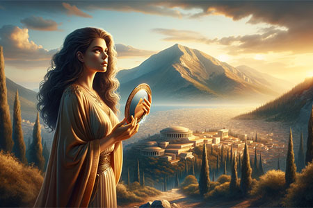 A woman named Aletheia standing on a hill overlooking the ancient city of Delphi, with Mount Parnassus in the background. She holds a gleaming mirror 