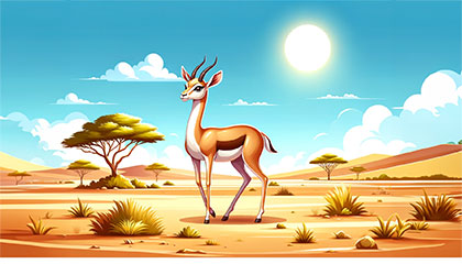 Leila the gazelle standing gracefully in the Libyan savannah under a bright sun.