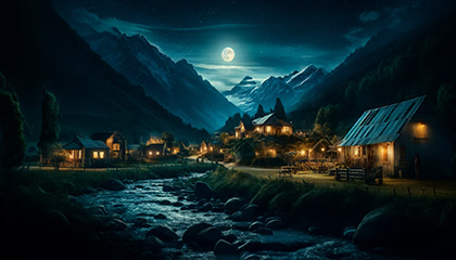 A small village nestled at the foothills of the Andes under a moonlit sky, with traditional houses and a nearby river, setting the stage for the legend of La Llorona.