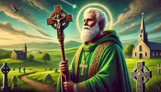 St. Patrick stands tall amidst the serene Irish landscape, his wooden staff in hand and a tranquil expression reflecting his divine mission. The lush green hills and the Celtic cross in the background set the tone for the legendary tale of faith and transformation.