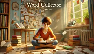 Jerome, the young word collector, sits in his cozy room surrounded by his collection, recording a new word with fascination and joy.