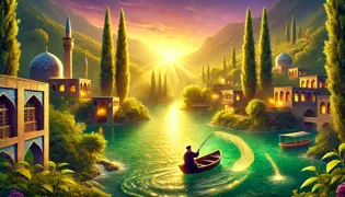 A serene Iranian riverside village at sunrise introduces "The Tale of the Talking Fish," where a humble fisherman casts his net into the magical, shimmering waters, surrounded by lush greenery and ancient cypress trees, evoking a sense of tranquility and wonder