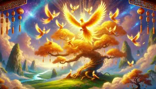 The Fusang Tree with its golden glow and radiant Golden Crows, a mystical gateway to the legend of the Golden Crow.