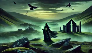 A mystical introduction to the story, showcasing the Morrighan standing regally amidst the misty emerald hills of ancient Ireland, with crows circling above as twilight looms. Her presence embodies power and mystery, setting the tone for an epic mythological tale.