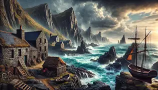 The rugged coastline of medieval Ireland, where the stormy seas and jagged cliffs set the stage for an epic tale of mystery and courage. A small fishing village clings to the land, bracing against the elements as the story unfolds.