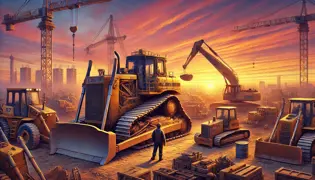 As the sun sets over the busy construction site, the hardworking machines rest after a long day's work, each feeling the peace and calm of the evening under a warm twilight sky.