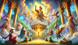  The Olympian gods gathered on Mount Olympus, with Zeus commanding the scene, surrounded by divine figures in their majestic domains under a radiant sky.