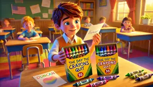 Duncan discovers colorful letters from his crayons, each with a story to tell