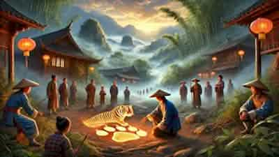 A mystical scene in an ancient Chinese village, where a farmer and villagers marvel at a glowing tiger pawprint, hinting at a legendary tale of courage and harmony.