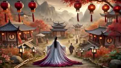 Mei, the mysterious traveler, walks toward the peaceful village nestled at the foot of the sacred mountains, her silver and crimson robes flowing in the gentle autumn breeze, as the village prepares for the harvest.