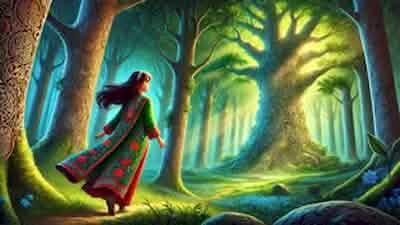 An enchanting forest clearing with the mystical Talking Tree at its heart, inviting readers into the magical tale of Laleh's journey