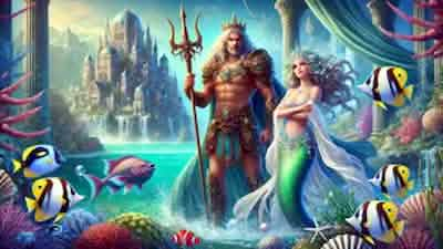 Poseidon, god of the sea, and Amphitrite, the graceful sea nymph, stand together in an enchanting underwater realm. Their majestic forms are framed by the shimmering palace of the deep, setting the stage for their epic tale of love, power, and the sea.