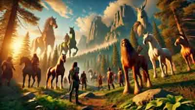 A group of centaurs gathers in a serene forest clearing, bathed in golden sunlight. Towering mountains and lush greenery surround them, setting the scene for a mythical adventure in ancient Greece.