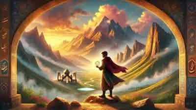 Arman stands at the threshold of destiny, gazing upon the majestic Alborz Mountains and the mystical Sacred Spring, where his journey to uncover the Guardian of the Mountain begins.