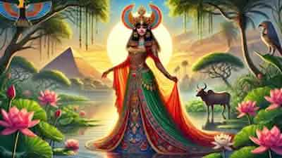 Hathor, the goddess of love, joy, and motherhood, stands gracefully by the Nile River as the sun sets, embodying the beauty and power of ancient Egypt.