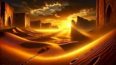 The ancient Persian desert at sunset, with golden sands stretching to the horizon and a hidden valley nestled between towering dunes. The mysterious and foreboding atmosphere sets the stage for the legendary tale of the Manticore.