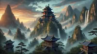 The majestic Yunlong Mountain and its temple shrouded in an ethereal morning glow, setting the stage for the legend of the Blue Dragon.