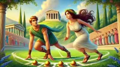 Atalanta and Hippomenes prepare to race, with golden apples in hand, amidst a lush Greek landscape and eager spectators.