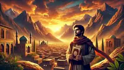 The captivating Zagros Mountains at sunset, with Arash, a young scholar, standing resolutely at the edge of his Persian village, clutching his father’s ancient journal and gazing toward his destiny.