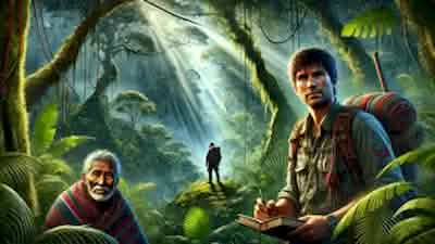 Sebastián, the young biologist, and his guide, Don Julio, stand at the edge of the dense Peruvian Amazon jungle. The sunlight filters through the thick canopy, casting an enigmatic glow on their path as they prepare to venture deeper into the heart of the forest.