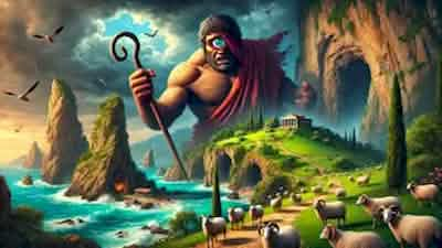 A dramatic scene introducing the story of Polyphemus, the Cyclops, set against the rugged and stormy Greek island, with lush greenery and a menacing presence dominating the landscape.