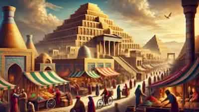 The bustling city of Ecbatana, where vibrant market stalls and the towering ziggurat set the stage for Arash’s journey into legend.