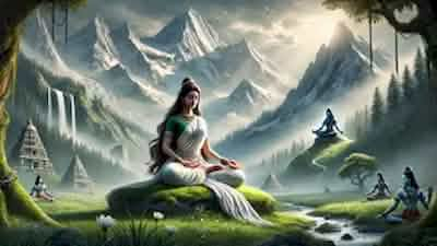 Parvati in deep meditation amidst the tranquil Himalayas, praying for Lord Shiva’s love and devotion, as the sun gently bathes the majestic landscape.