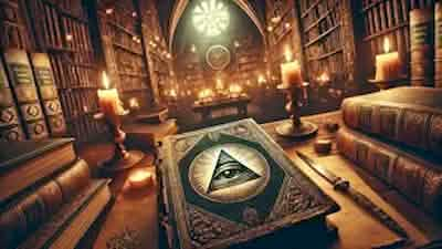 An ancient, mysterious library illuminated by flickering candles reveals a worn leather-bound book displaying the symbol of the All-Seeing Eye. The faint glow hints at hidden knowledge, capturing the enigmatic atmosphere of the Illuminati.