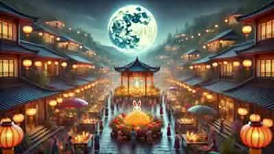 A vibrant depiction of the Mooncake Festival in ancient China, showcasing the lively ambiance of lantern-lit streets, a luminous full moon, and a central altar filled with traditional offerings.