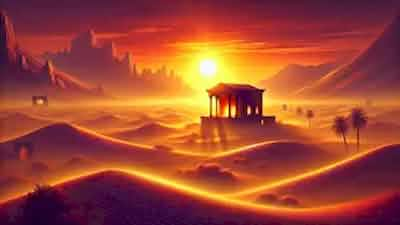 A wide desert landscape at dusk, with a mystical Persian temple glowing faintly in the distance as the sun sets behind towering dunes, setting the stage for the legendary tale of Khorshid Khanoom.