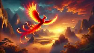 The majestic Vermillion Bird, Zhuque, soars across the dawn sky, illuminating the ancient southern lands of China with its radiant, fiery feathers—a symbol of protection and renewal.