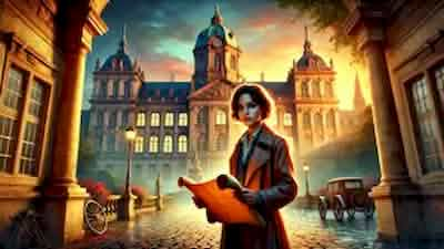 Emma Klein stands before the grandeur of Mannheim's Baroque palace at sunrise, clutching a mysterious parchment that holds the key to the city's hidden past. The scene captures the dawn of an adventure where history and mystery intertwine.