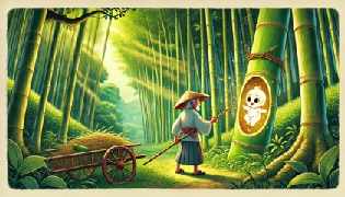 Taketori no Okina discovering baby Kaguya-hime inside a glowing bamboo stalk in the forest.