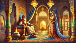 Scheherazade telling a story to the king on their wedding night to save her life.