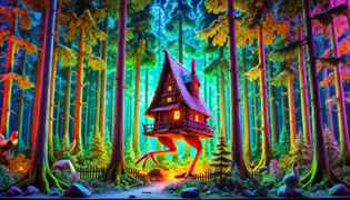 Baba Yaga's hut on giant chicken legs in the mysterious Russian forest.