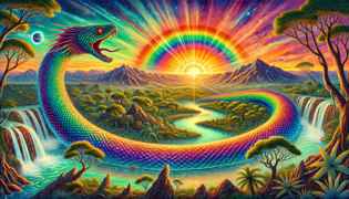 The Rainbow Serpent awakening and transforming the barren land into a vibrant world.