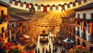 The scene captures the vibrant atmosphere of a lively community celebration in a medieval Spanish village.
