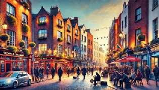 A vibrant street scene in Temple Bar, Dublin, with colorful buildings and bustling crowds.