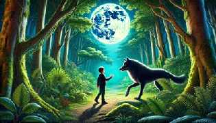 Nahuel meets a mystical black wolf in a vibrant Patagonian forest under a full moon.