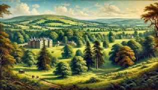 A panoramic view of the English countryside with the Bennet family home in the distance, setting the scene for the story.