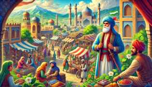A bustling medieval Persian town with colorful market stalls, merchants, and Ali Baba as a humble woodcutter.