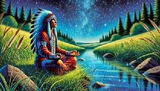 A young Native American warrior named Blue Eagle meditating by a river under a starry night sky.