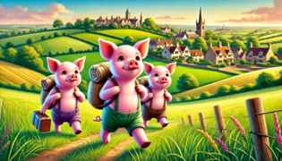  The three little pigs embark on their journey, eager to build their own homes.