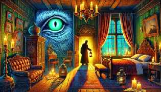 The narrator observes the old man's open vulture-like eye in the dim lantern light.