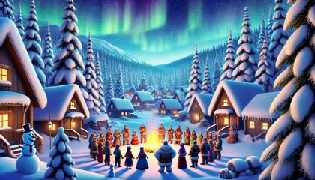 Awan's snowy village with villagers around a fire under the twilight sky and northern lights.