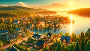 A picturesque Swedish village with a sunset casting a golden glow, featuring lush forests and serene lakes.