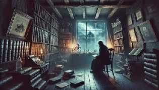 A dark and stormy night with a reclusive scholar named Edgar sitting in his study filled with ancient tomes and artifacts.